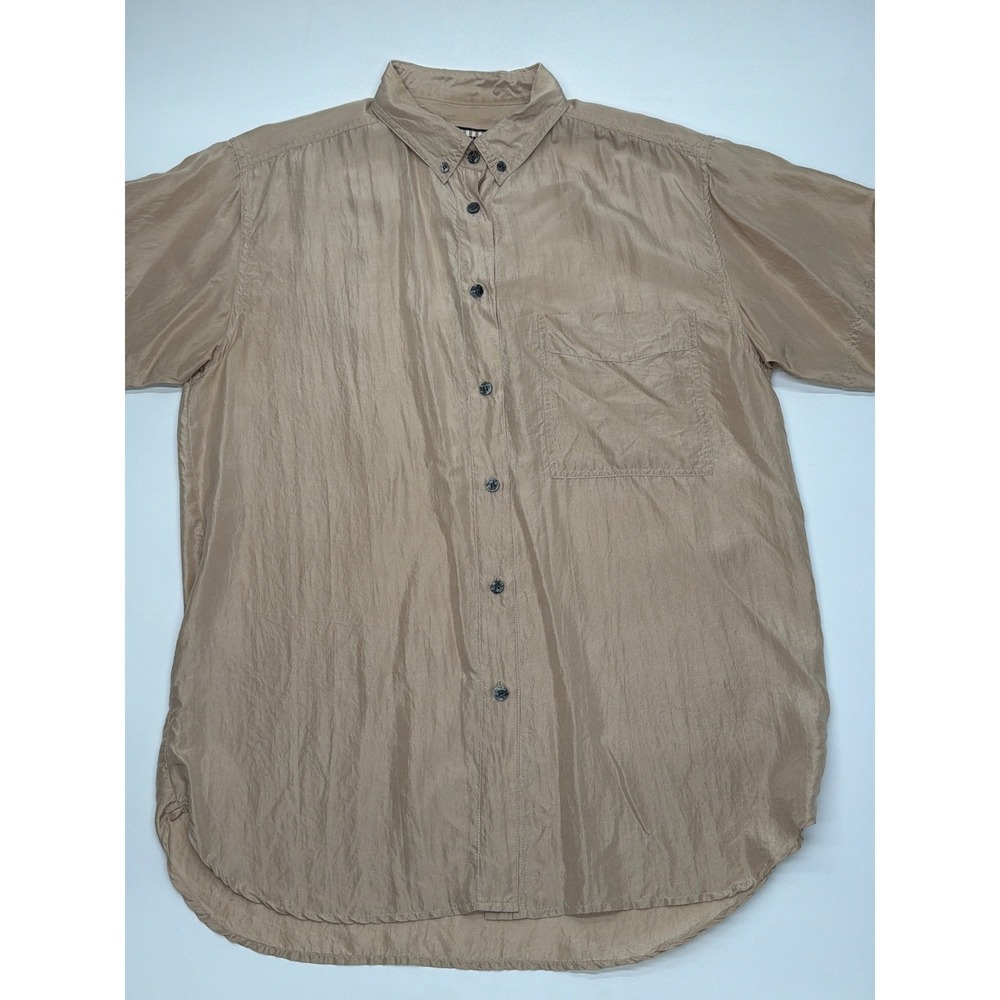 Forenza Vintage 100% Silk Short Sleeve Button‎ Down Shirt Tan XS Mens